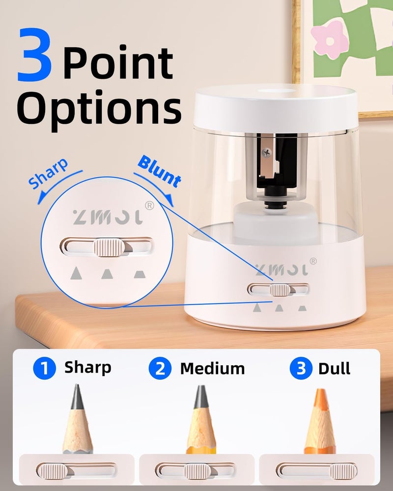 Zmol Electric Pencil Sharpener - Battery/USB Powered, 3 Sharpening Modes, for No.2 & Colored Pencils, White - Image 2